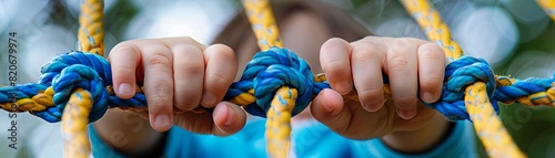 Closeup of a child s hands gripping the rungs of a jungle gym, emphasizing texture and the tactile experience of play photo