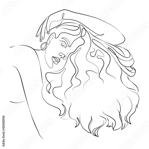 Beautiful woman line drawing. Girl one line art. Female vector Illustration. Sexy lie down pose. Model girl sensual and lazy. Image of woman having a sleep. Dreaming lady laying in a bed.