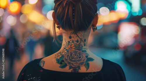 A woman with a tattoo on her neck feels the stares of strangers judging her because of her body art, which leads to a struggle with feelings of uncertainty and regret. photo