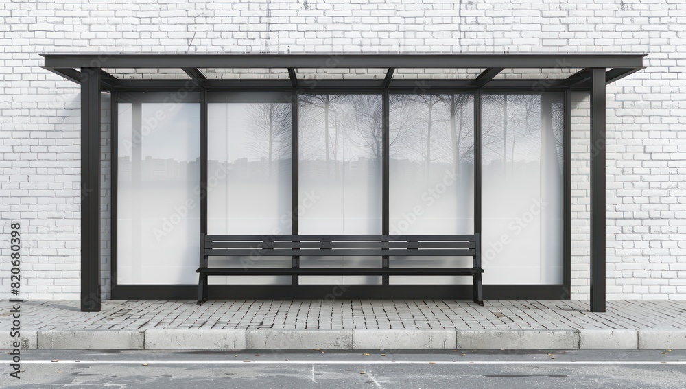 A mockup of an empty bus stop with large glass windows and a black bench