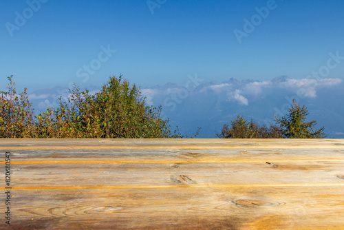 Wooden table terrace with fresh morning atmosphere natural landscape