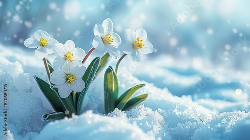 Early spring flowers breaking through snow, symbolizing resilience, classical botanical illustration style photo