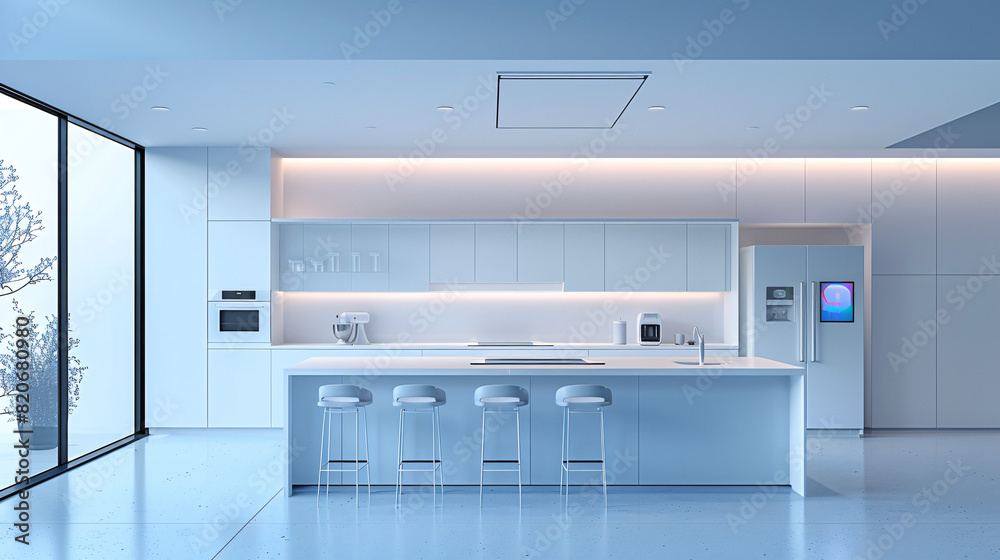 A futuristic smart home entryway with AI-augmented reality interfaces for security and home management. The scene is designed with minimal colors and plenty of copy space A futuristic smart home entryway with AI-augmented reality interfaces for security and home management. The scene is designed with minimal colors and plenty of copy space