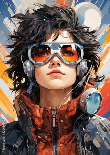 A painting depicting a woman with black hair wearing sunglasses and headphones, combining elements of eyewear, vision care, and entertainment in a unique gesture
