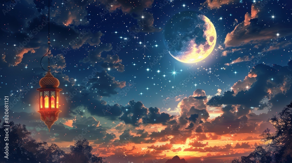 Beautiful crescent moon, stars, and lantern in a night sky Beautiful crescent moon, stars, and lantern in a night sky