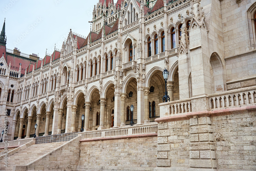 Hungarian Parliament. Famous landmark in Budapest. Detailed view of historical building Hungarian Parliament. Famous landmark in Budapest. Detailed view of historical building