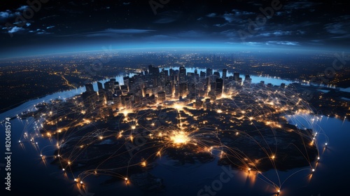 An aerial view of a city at night seen from space showing the lights illuminating the urban landscape below
