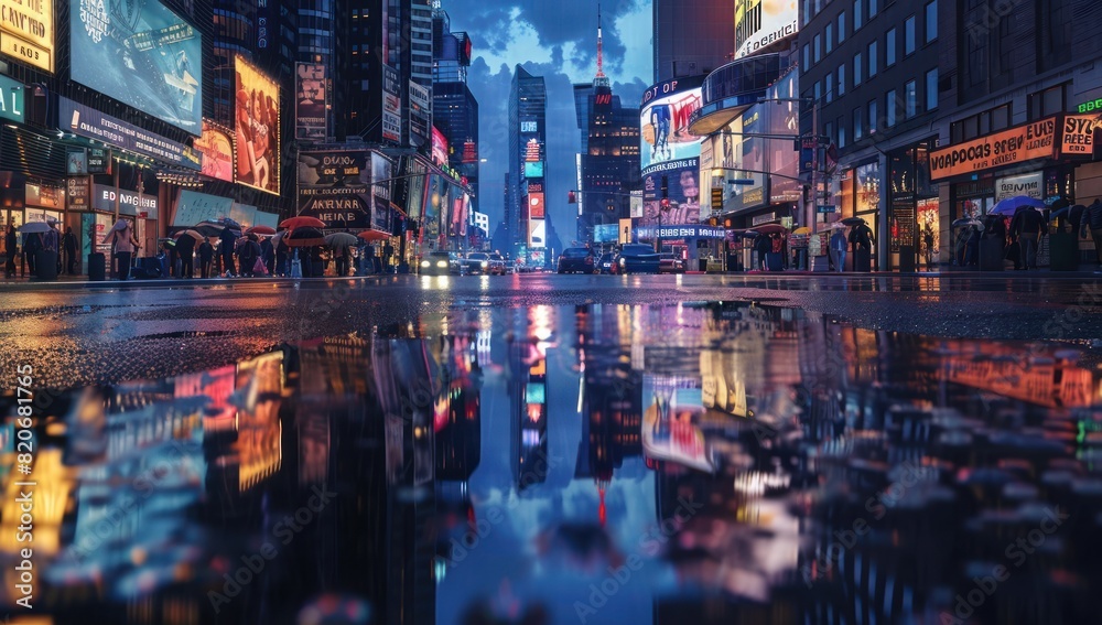 A photo of the city streets of New York, with reflections on puddles and lights in buildings