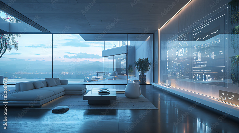 A futuristic smart home entryway with AI-augmented reality interfaces for security and home management. The scene is designed with minimal colors and plenty of copy space A futuristic smart home entryway with AI-augmented reality interfaces for security and home management. The scene is designed with minimal colors and plenty of copy space