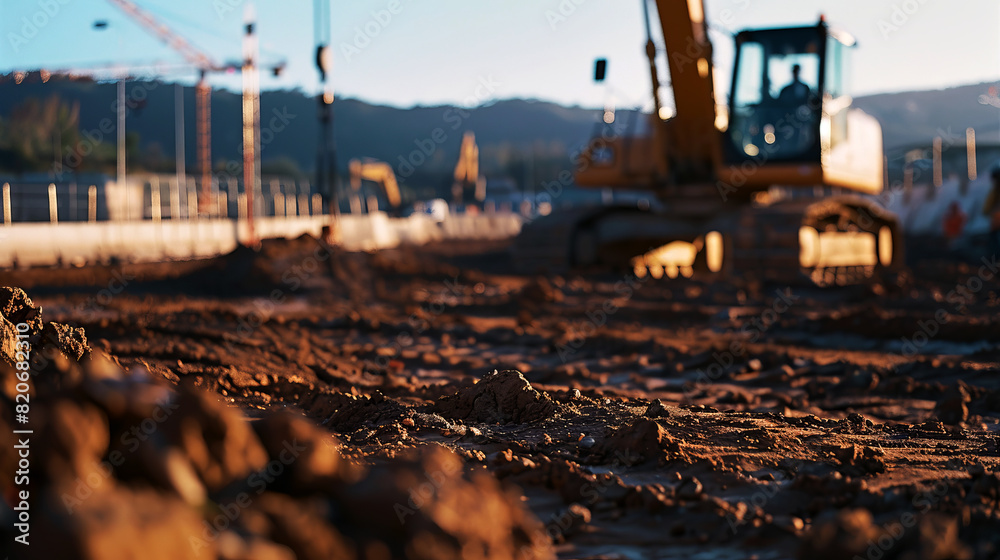 Close up of heavy machinery and equipment working on a construction site Close up of heavy machinery and equipment working on a construction site