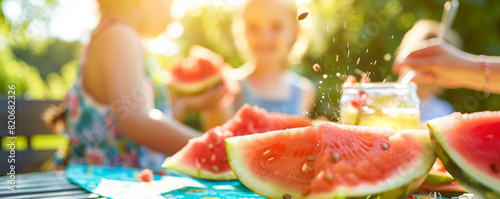Family enjoying juicy watermelon slices on a sunny summer day photo