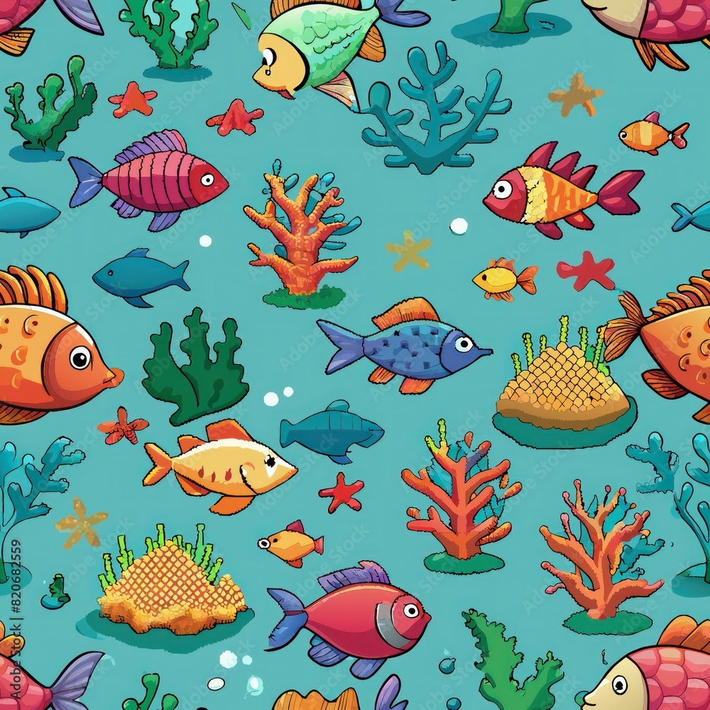 Naklejka premium Seamless pattern of pixelated underwater scenes with fish, coral, and seaweed, perfect for wrapping gifts for ocean lovers, Generative AI