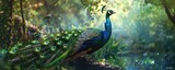Peacock displaying feathers in summer colors focus on, majestic bird, surreal, Composite, lush forest