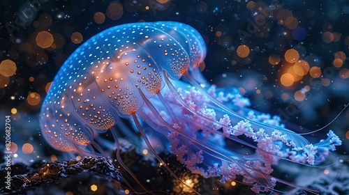 A glowing jellyfish swimming in a starry sky