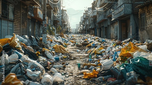 Street of a city with garbage. Generative AI. photo