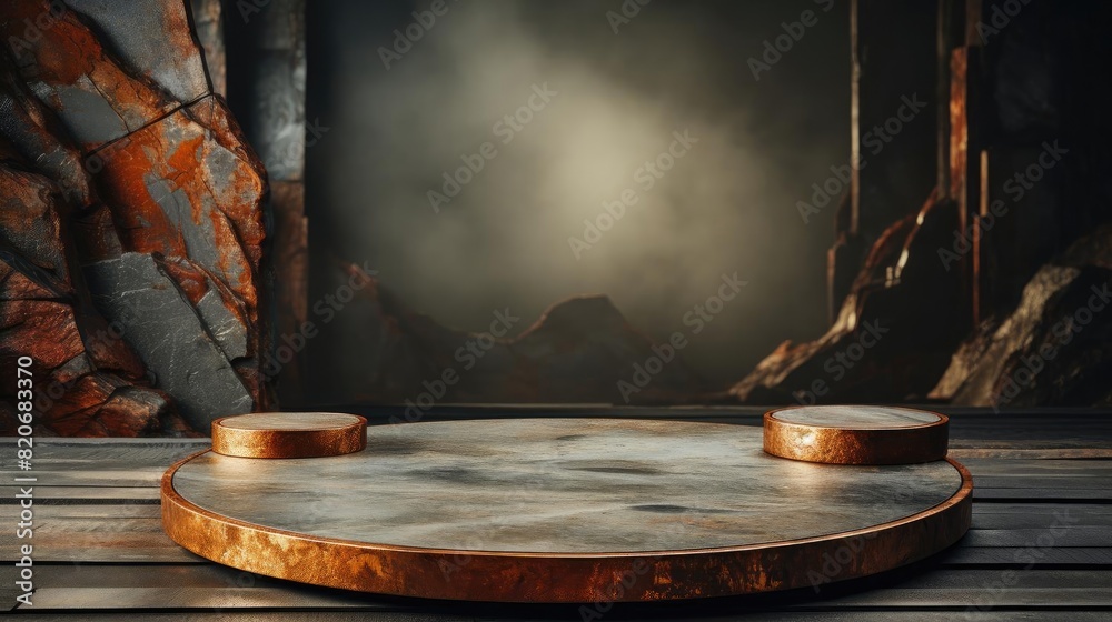 Fototapeta premium Metal podium product stand or display with blur background and cinematic light