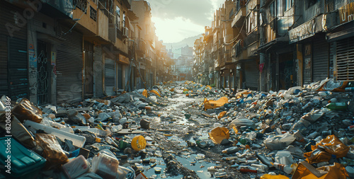 Street of a city with garbage. Generative AI. photo