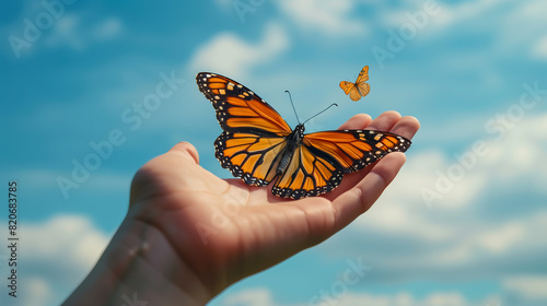 A hand releasing a butterfly into the sky, symbolizing freedom, environmental care, and the impact of reducing carbon emissions on World Earth Day