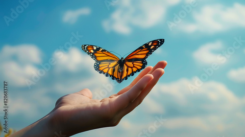 A hand releasing a butterfly into the sky, symbolizing freedom, environmental care, and the impact of reducing carbon emissions on World Earth Day photo