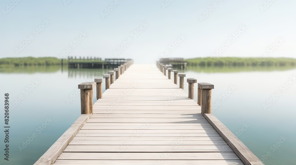 A wooden pier stretches out over a calm lake under a clear sky