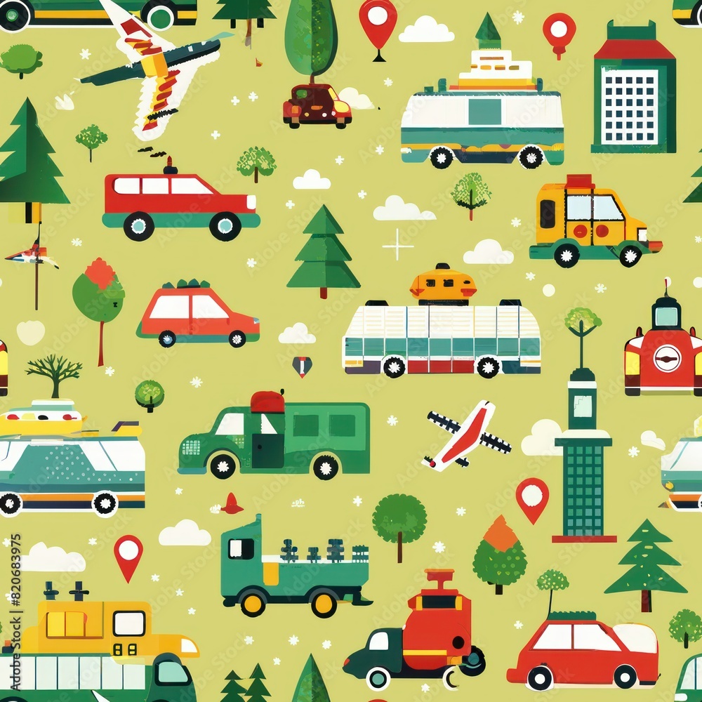 Seamless pattern of pixelated vehicles like cars, bicycles, and airplanes, perfect for wrapping gifts for transportation enthusiasts, Generative AI