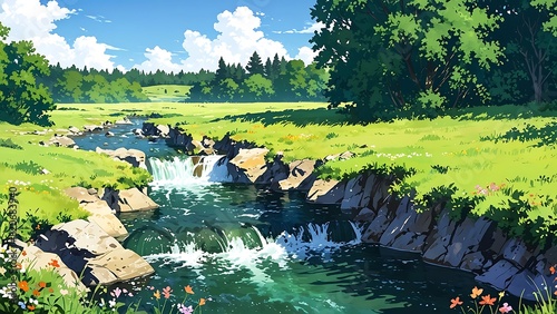 Animated anime landscape panorama of a small river with greenery summer scene photo