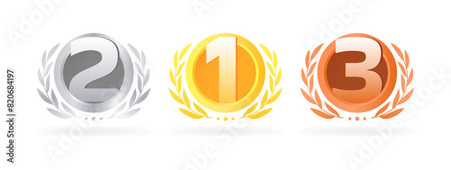 Medals 1, 2, 3 place Icon Set. Silver, Gold and Bronze Medal. Flat Style. Vector icons