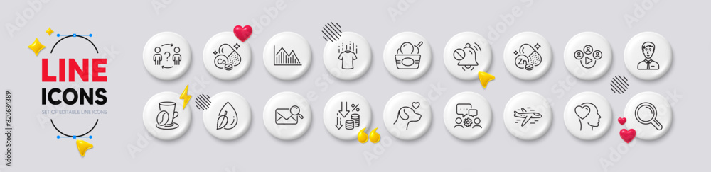 Businessman person, Dry t-shirt and Water drop line icons. White buttons 3d icons. Pack of Delegate question, Ice cream, Coffee cup icon. Airplane, Deflation, Video conference pictogram. Vector Businessman person, Dry t-shirt and Water drop line icons. White buttons 3d icons. Pack of Delegate question, Ice cream, Coffee cup icon. Airplane, Deflation, Video conference pictogram. Vector