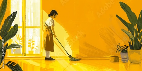 a woman sweeping with yellow background