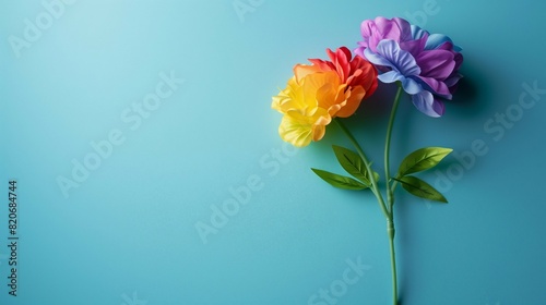 Colorful paper flowers on a blue background pride month concept copy space web banner.