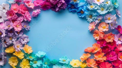 Colorful flowers in circle floral frame border pride month concept copy space web banner.