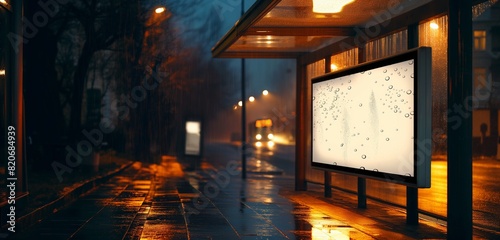 A blank, illuminated advertising panel at a bus stop on a rainy evening, with droplets visible on the glass. 32k, full ultra hd, high resolution