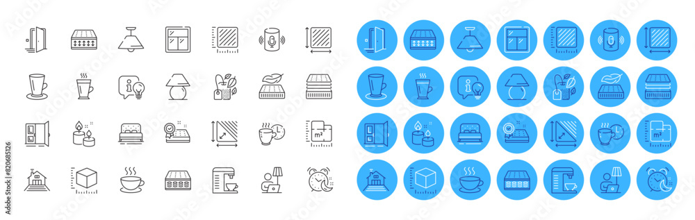 Open door, Square meter and Aroma candle line icons pack. Package size, Mattress, Door web icon. Floor plan, Window, Table lamp pictogram. Coffee break, Voice assistant, Mint bag. Vector Open door, Square meter and Aroma candle line icons pack. Package size, Mattress, Door web icon. Floor plan, Window, Table lamp pictogram. Coffee break, Voice assistant, Mint bag. Vector