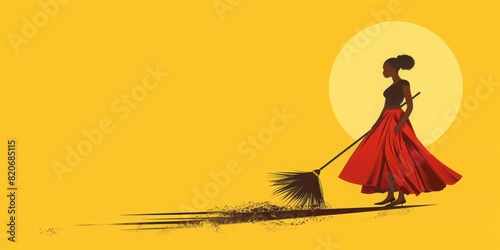 a woman sweeping with yellow background