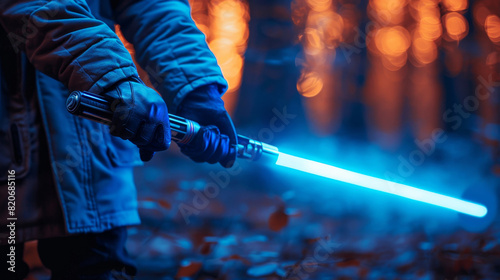Jedi holding a blue lightsaber in a forest with glowing lights
