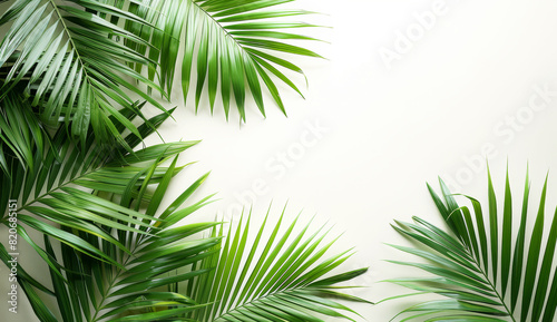Green palm leaves isolated on a white background in flat lay