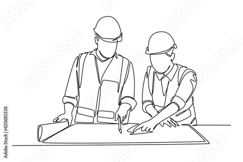Continuous one line drawing young architect explaining sketch construction design on the table to manager. Building architecture business concept. Single line draw design vector graphic illustration