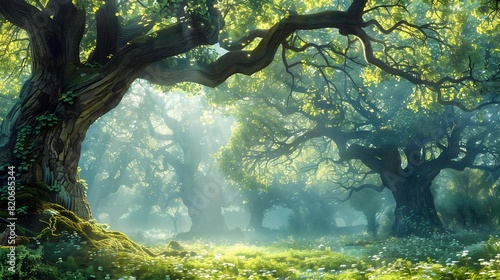 Serene Misty Forest with Towering Ancient Trees and Gentle Sunlight Filtering Through the Leaves