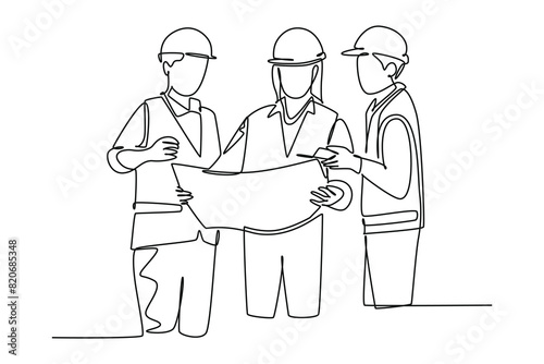 Continuous one line drawing attractive young architect discussing construction design with foreman manager. Building architecture business concept. Single line draw design vector graphic illustration