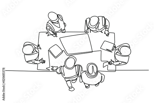 Continuous one line drawing young architect and construction builder discussing blueprint building design from top view. Home architecture concept. Single line draw design vector graphic illustration