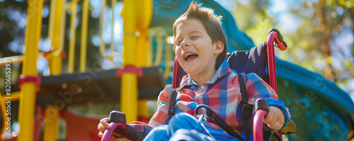 Happy Child in Wheelchair Playing at a Colorful Accessible Playground