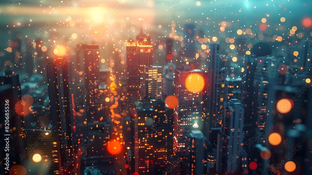 Captivating Aerial View of Dreamy Cityscape at Dusk with Twinkling Lights and Blurred Skylines