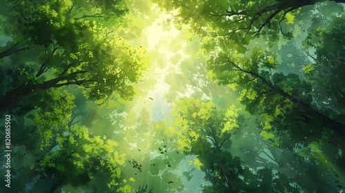 Lush Forest Canopy with Sunlight Filtering Through Vibrant Green Leaves Creating a Serene and Ethereal Ambiance
