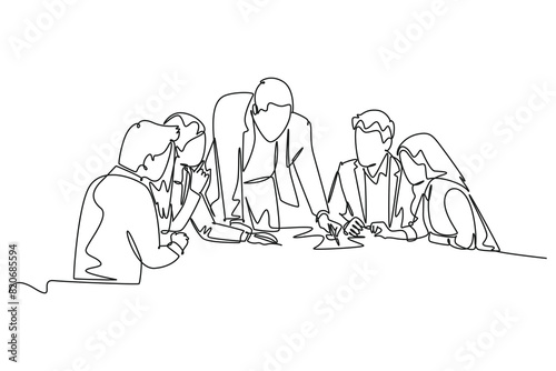 Single continuous line drawing young startup founders brainstorming innovation ideas in a meeting at the office. Business presentation concept. Dynamic one line draw graphic design vector illustration