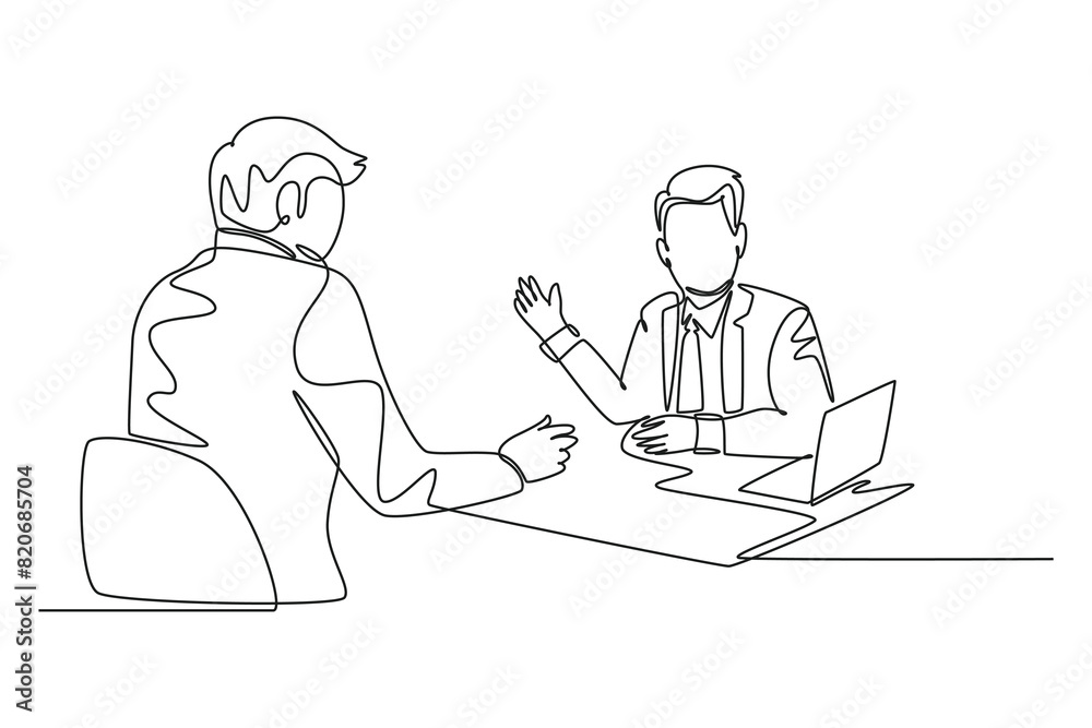 Single one line drawing of two young businessmen exploring new business and discussing agreement to merge their business. Business deal concept. Continuous line draw design graphic vector illustration
