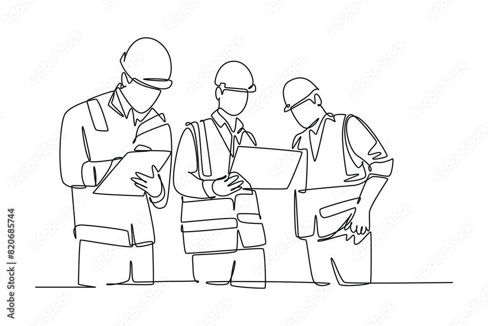 Single one line drawing young managers explaining short brief about construction concept to construction builders. Building architecture. Modern continuous line draw design graphic vector illustration