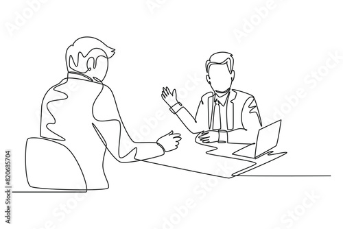 Single one line drawing of two young businessmen exploring new business and discussing agreement to merge their business. Business deal concept. Continuous line draw design graphic vector illustration
