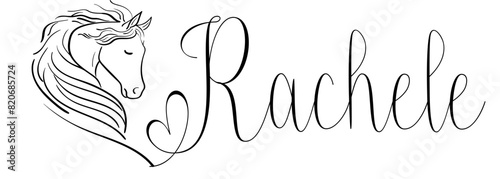 Rachele - black color - name written - vector graphics with stylized horse with heart - for websites, greetings, banners, cards, tag, t-shirt, sweatshirt, prints, cricut, silhouette, scrapbooking 