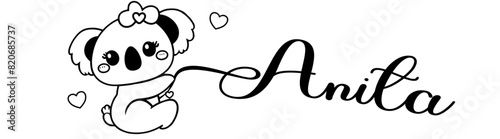 Anita - black color - name written - Word with Koala kawaii for websites, baby shower, greetings, banners, cards-shirt, sweatshirt, prints, cricut, silhouette, sublimation
