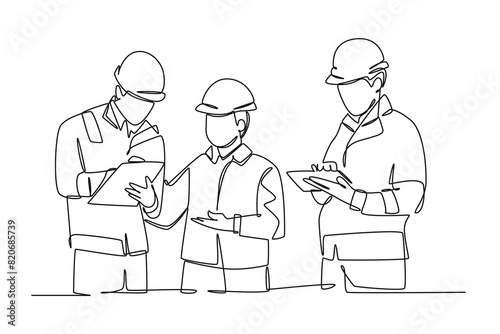 Single one line drawing of young architect, manager and engineer meeting at building construction site. Building architecture business. Modern continuous line draw design graphic vector illustration
